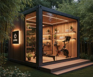 Modern, brightly lit custom container interior functioning gym