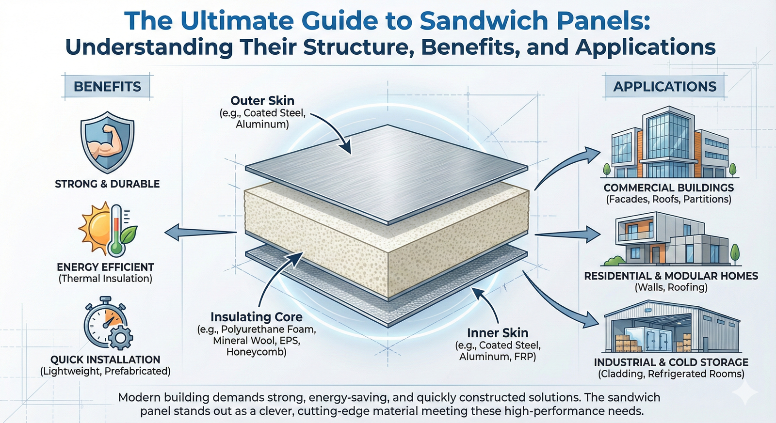 An educational infographic titled "The Ultimate Guide to Sandwich Panels." The central image is a 3D cross-section diagram of a sandwich panel, clearly labeling the "Outer Skin" (e.g., Coated Steel), the "Insulating Core" (e.g., Polyurethane Foam), and the "Inner Skin." The left side features a "Benefits" column with icons representing Strength & Durability, Energy Efficiency, and Quick Installation. The right side features an "Applications" column illustrating Commercial Buildings, Residential & Modular Homes, and Industrial & Cold Storage facilities.