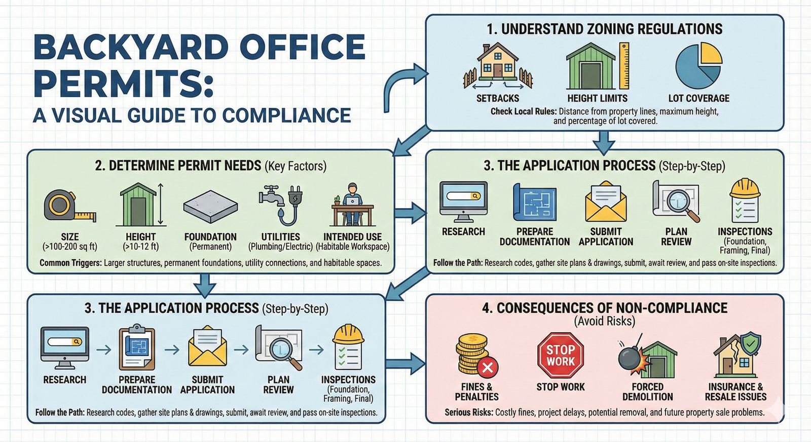 Infographic titled 'Backyard Office Permits: A Visual Guide to Compliance.' It details four key stages: 1. Understanding zoning regulations like setbacks, height limits, and lot coverage. 2. Determining permit triggers based on structure size, foundation type, utilities, and intended use. 3. A step-by-step application flow chart from research and documentation to final inspections. 4. The serious consequences of non-compliance, including fines, stop-work orders, forced demolition, and insurance issues.