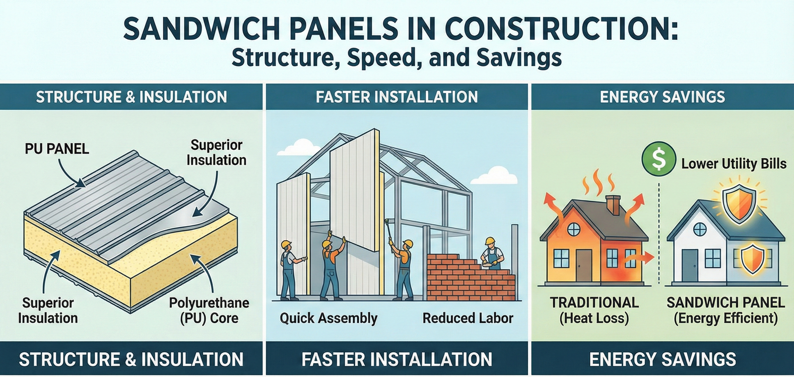 Infographic titled 'SANDWICH PANELS IN CONSTRUCTION' illustrating the benefits of PU panels. The image is divided into three sections: 'STRUCTURE & INSULATION' showing a cross-section of a panel with a polyurethane core