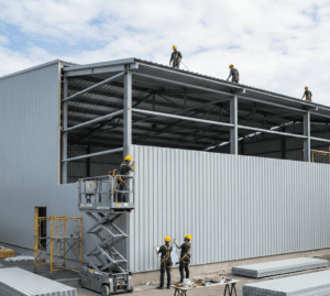 Skilled contractors performing precise installation of prefabricated wall panels and roofing on an industrial warehouse facility.