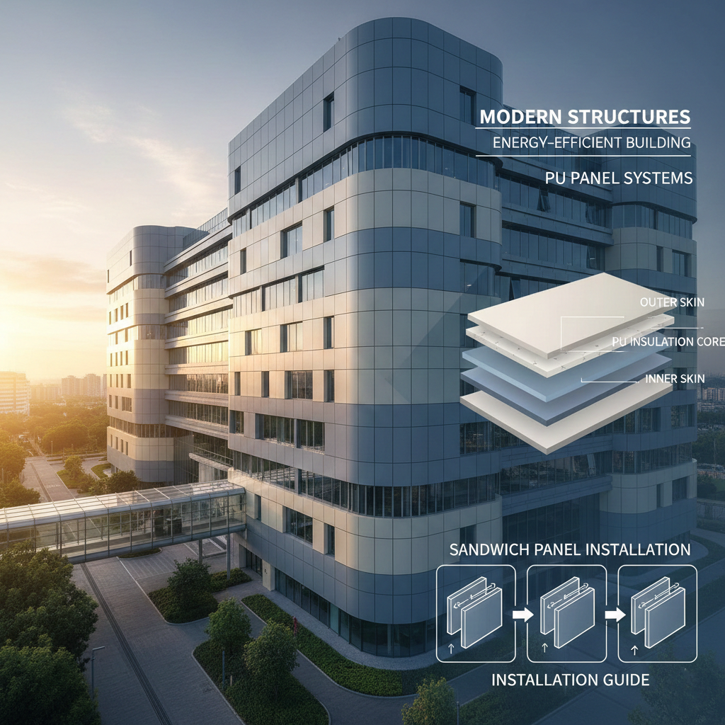 PU sandwich panel structure showing the outer skin, insulation core, and inner skin against a modern energy-efficient office building.