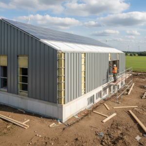 A modern energy-efficient building under construction featuring grey metal wall panels, insulated roof panels with solar arrays, and a worker on scaffolding