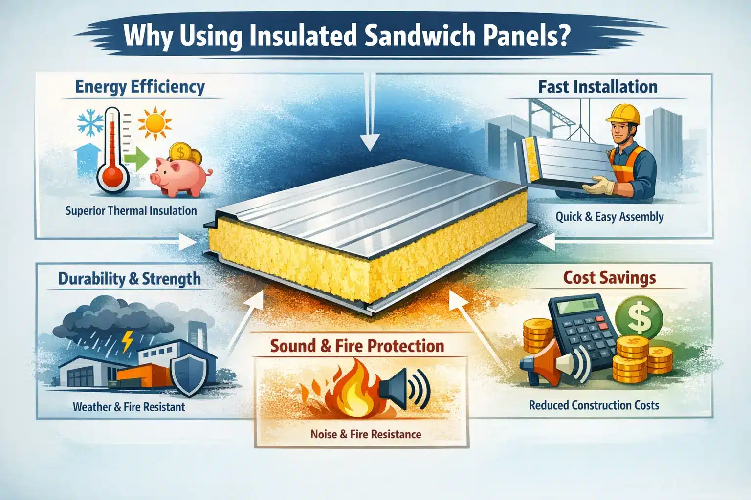 Infographic explaining the benefits of insulated sandwich panels, including energy efficiency, fast installation, durability, sound and fire protection, and cost savings.