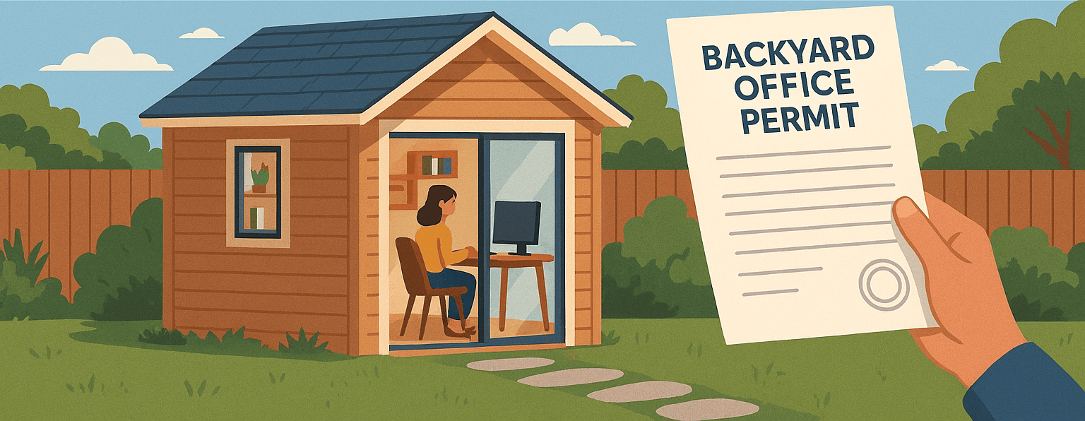 Illustration of a backyard office shed with a person working inside and a backyard office permit document in the foreground, representing the process of obtaining permits for building a backyard workspace.
