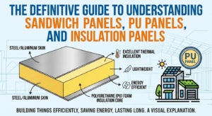 Infographic showing a cross-section of a PU sandwich panel with steel skins and a polyurethane foam core, highlighting benefits like thermal insulation, lightweight design, and energy efficiency for modern buildings.