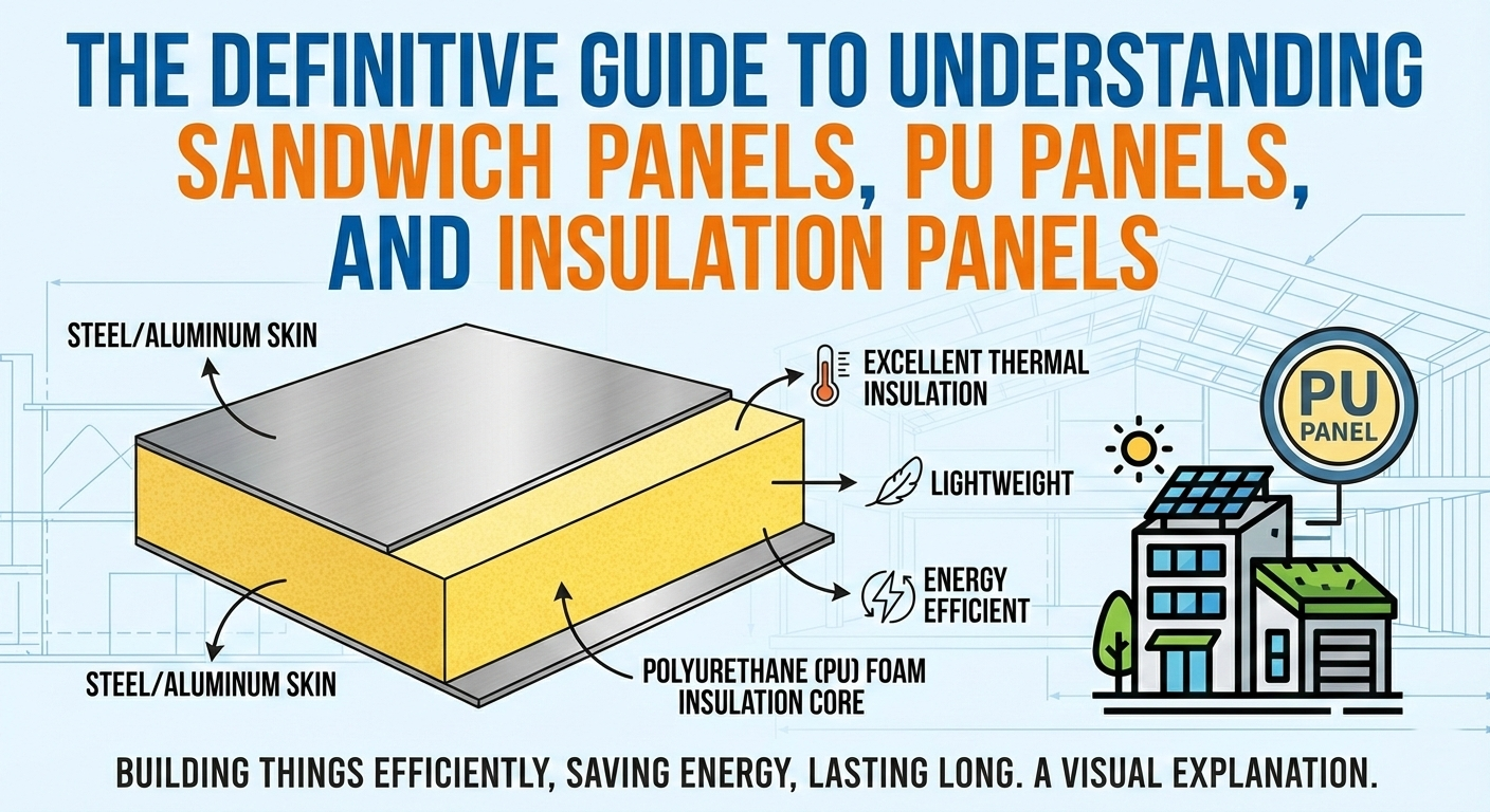 Infographic showing a cross-section of a PU sandwich panel with steel skins and a polyurethane foam core, highlighting benefits like thermal insulation, lightweight design, and energy efficiency for modern buildings.