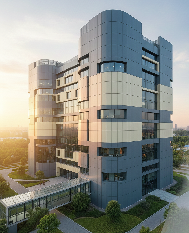 Modern commercial building utilizing PU sandwich panel systems with a technical cross-section of the insulation core.