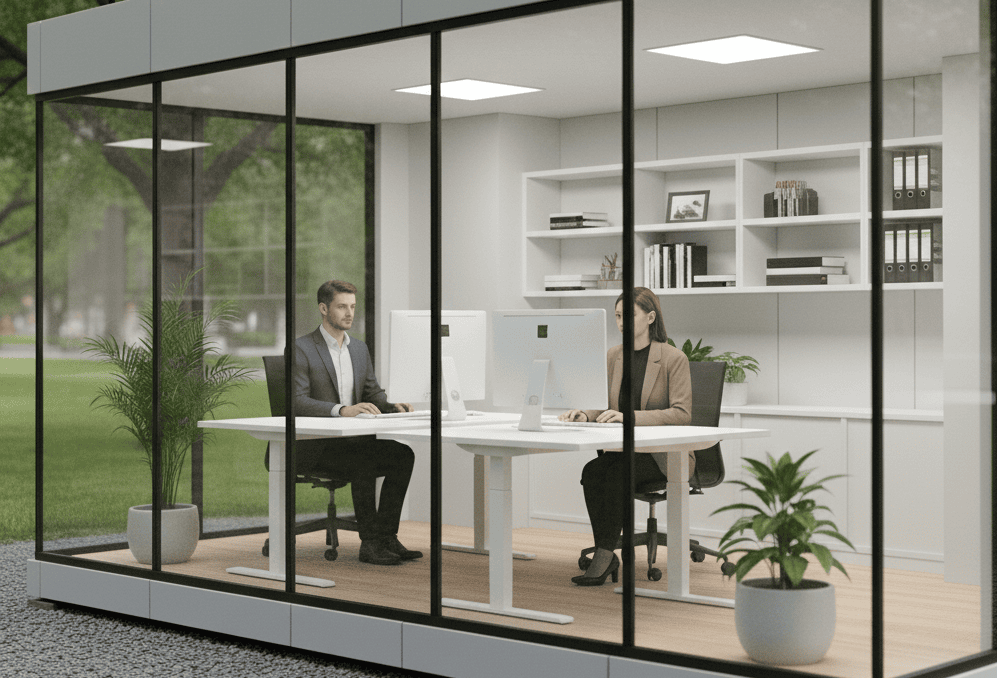 Modern container office, portable modular workspace solution