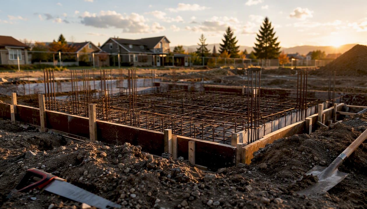 Residential construction site foundation preparation