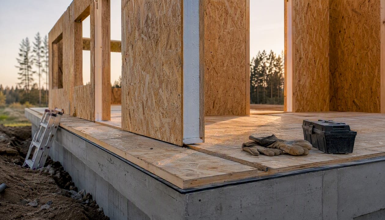 Modular home section on foundation under construction