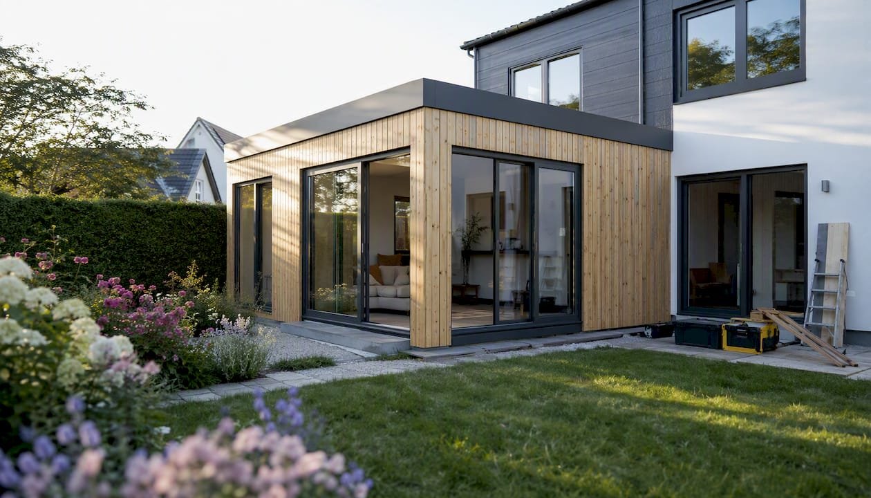 Modular room addition attached to house exterior