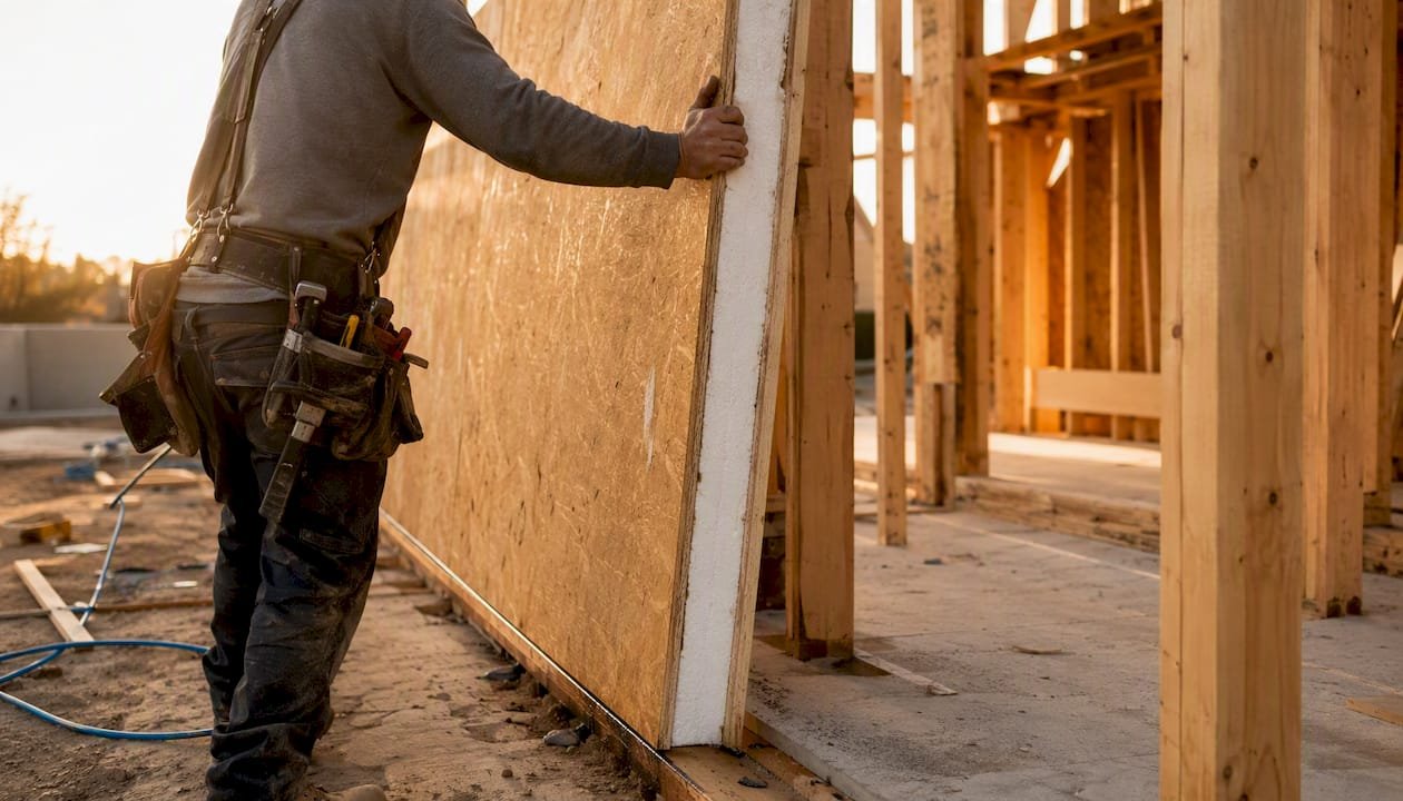 Worker installing SIP wall panel on site
