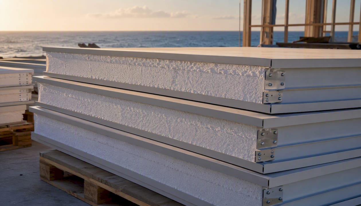 Stacked structural insulated panels at prefab site
