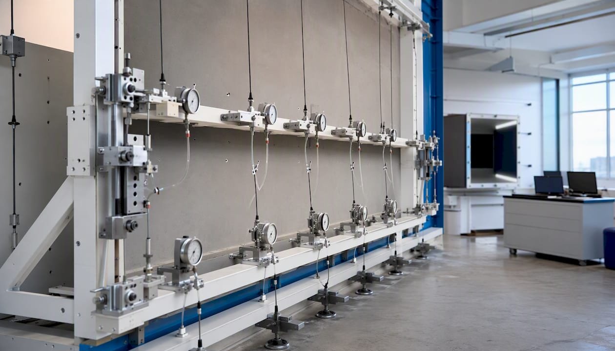 Wall panel mounted in wind testing machine