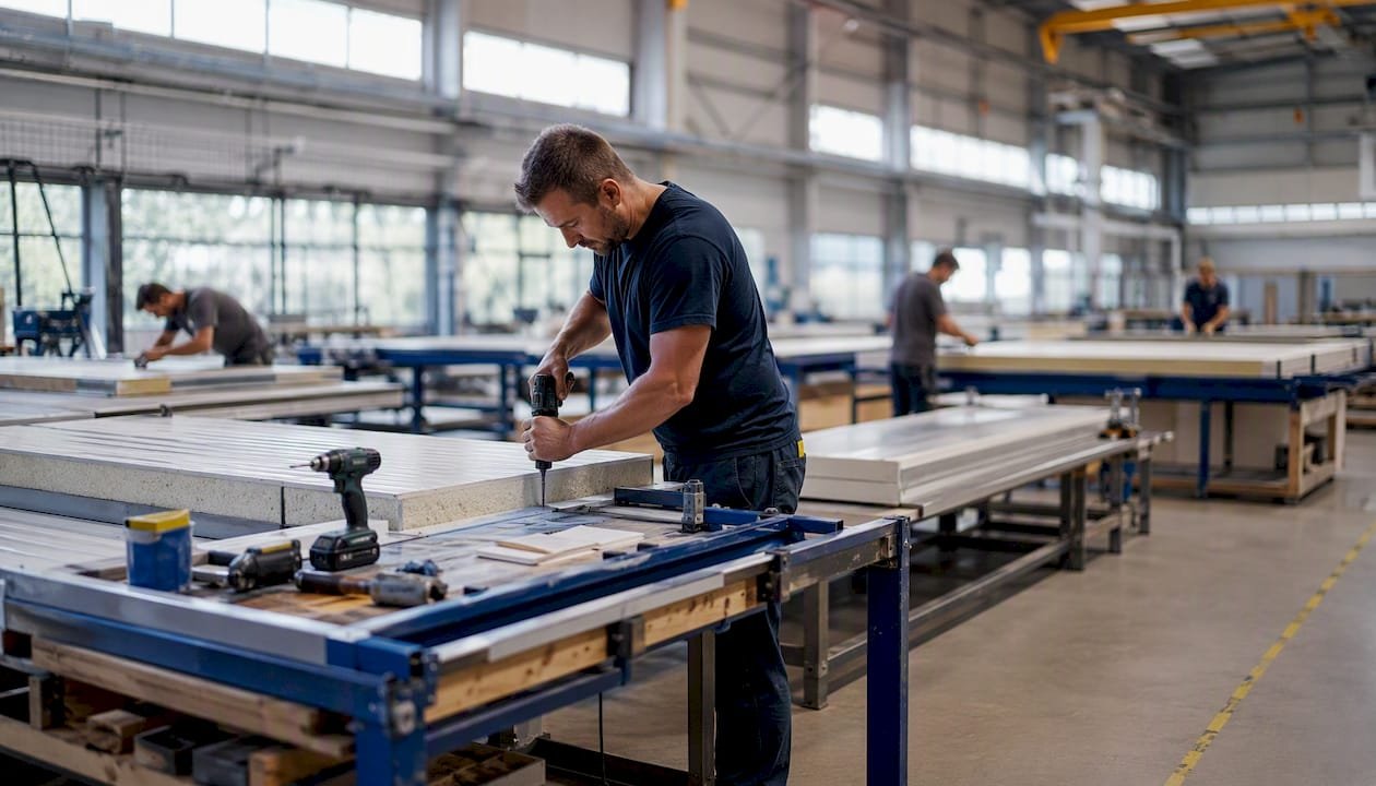 Modular home SIP panels in factory workshop