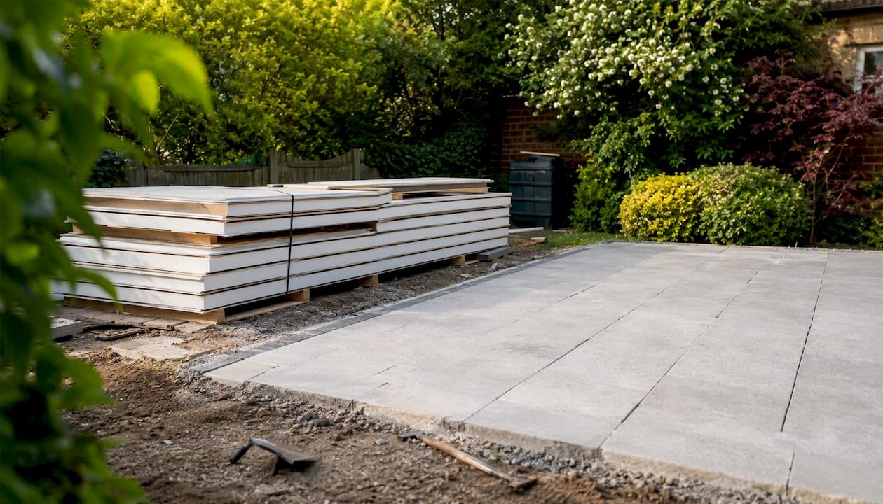 Prefab modular panels staged near screw pile foundation