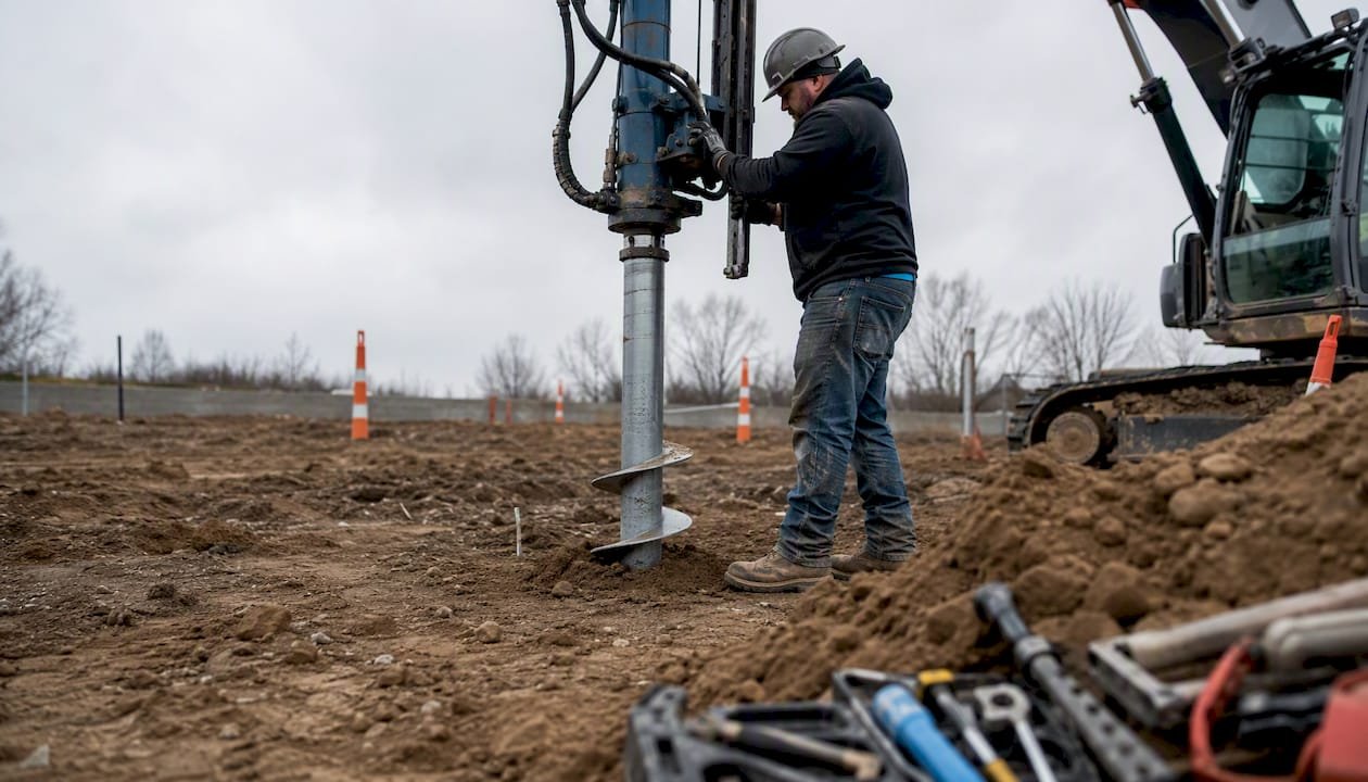 Worker installing helical screw pile foundation