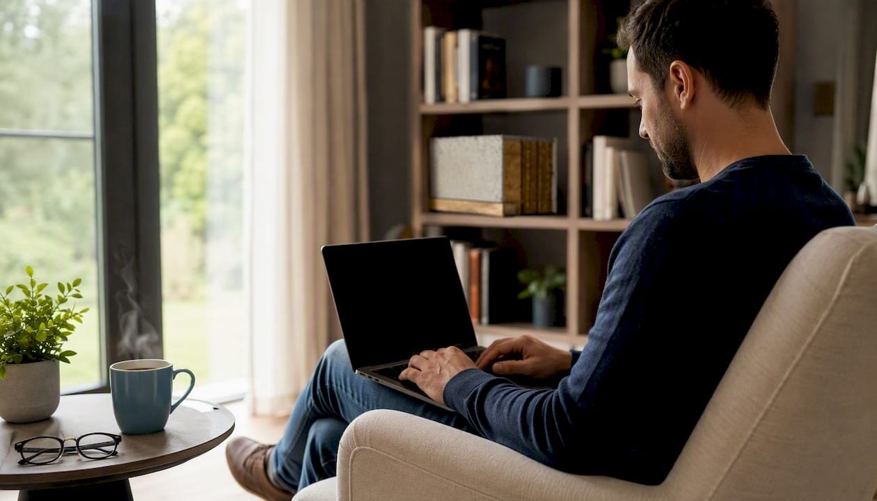 Person searching prefab home forums on laptop