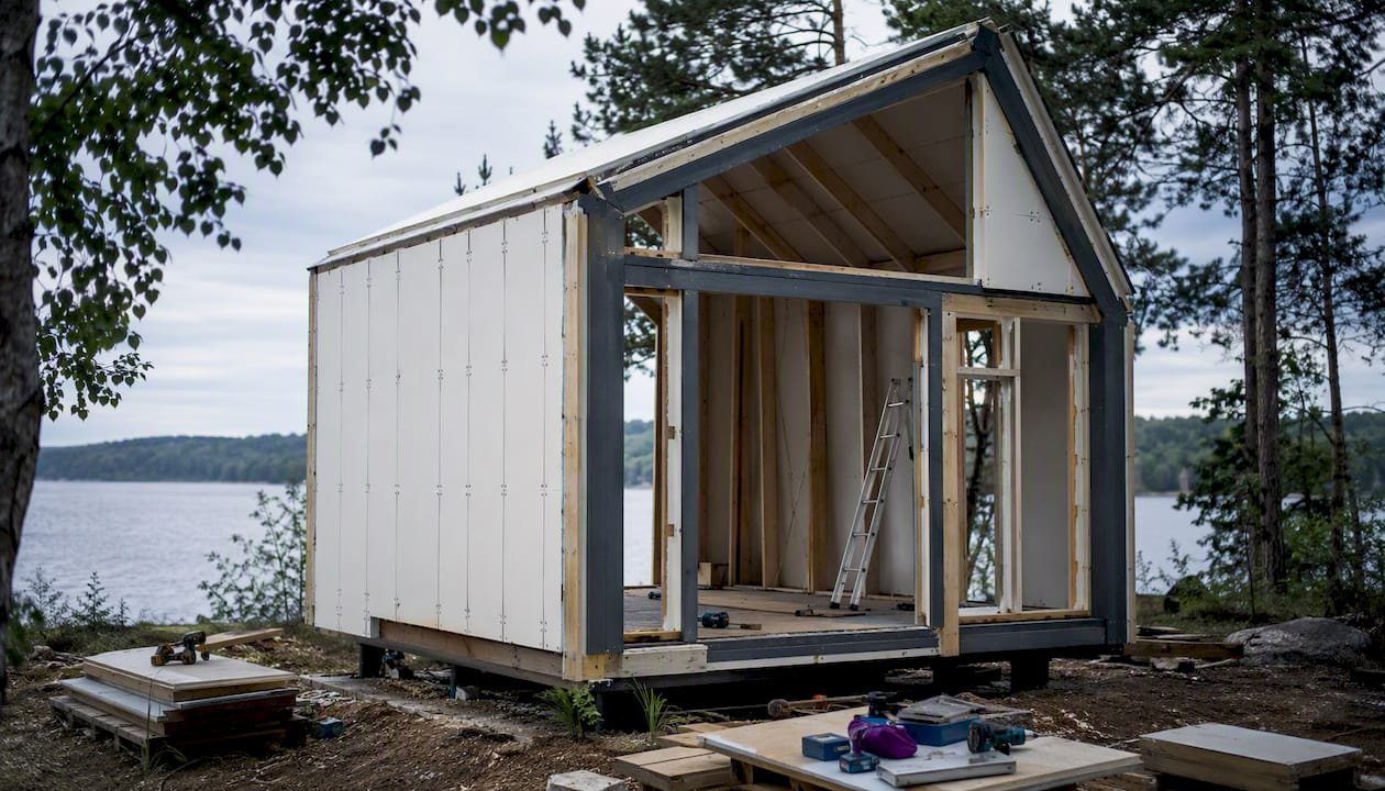 Partially assembled prefab cabin in woodland