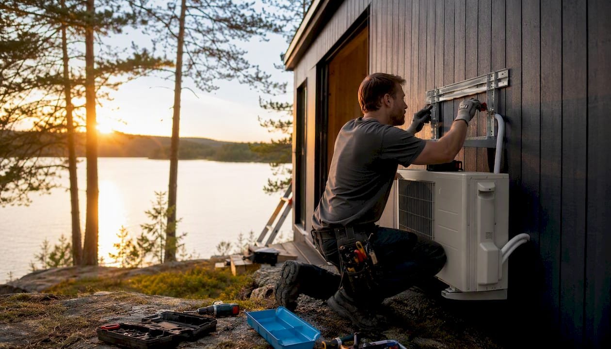 Hands installing mini-split heat pump outdoors