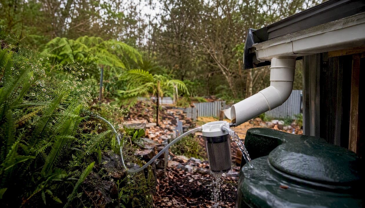 Rainwater diverter pipe and cistern at cabin