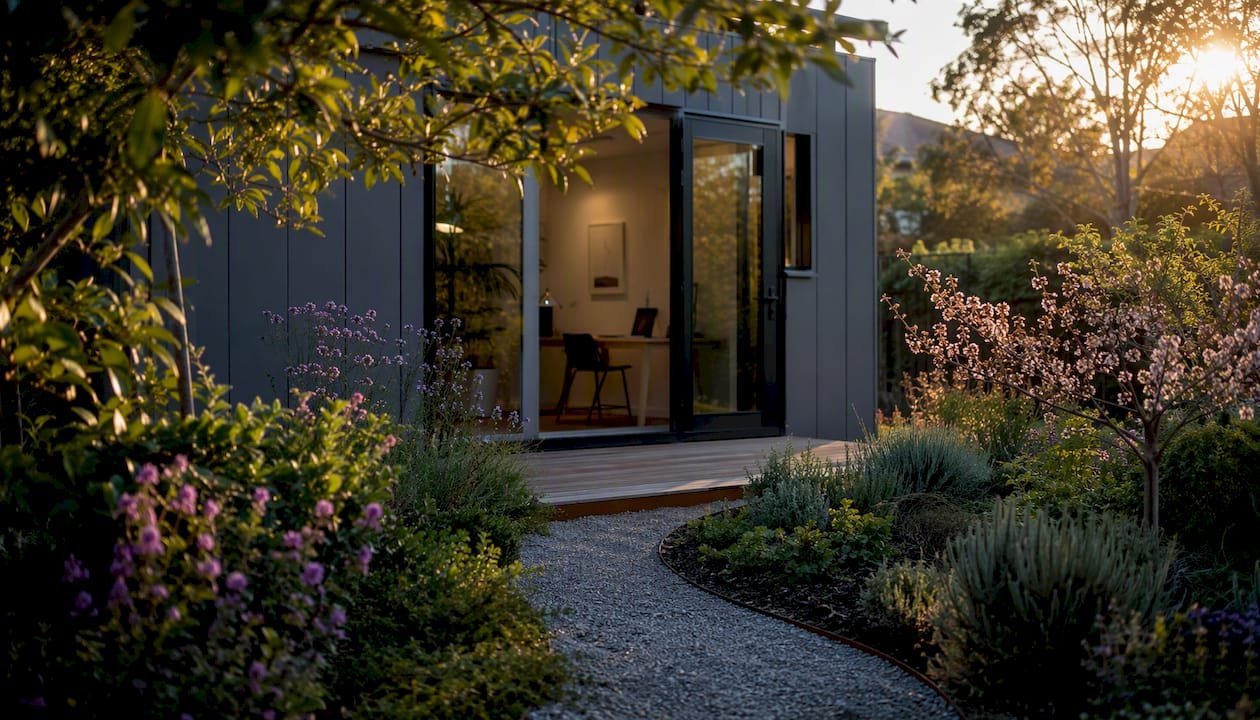Winding garden path leading to integrated studio