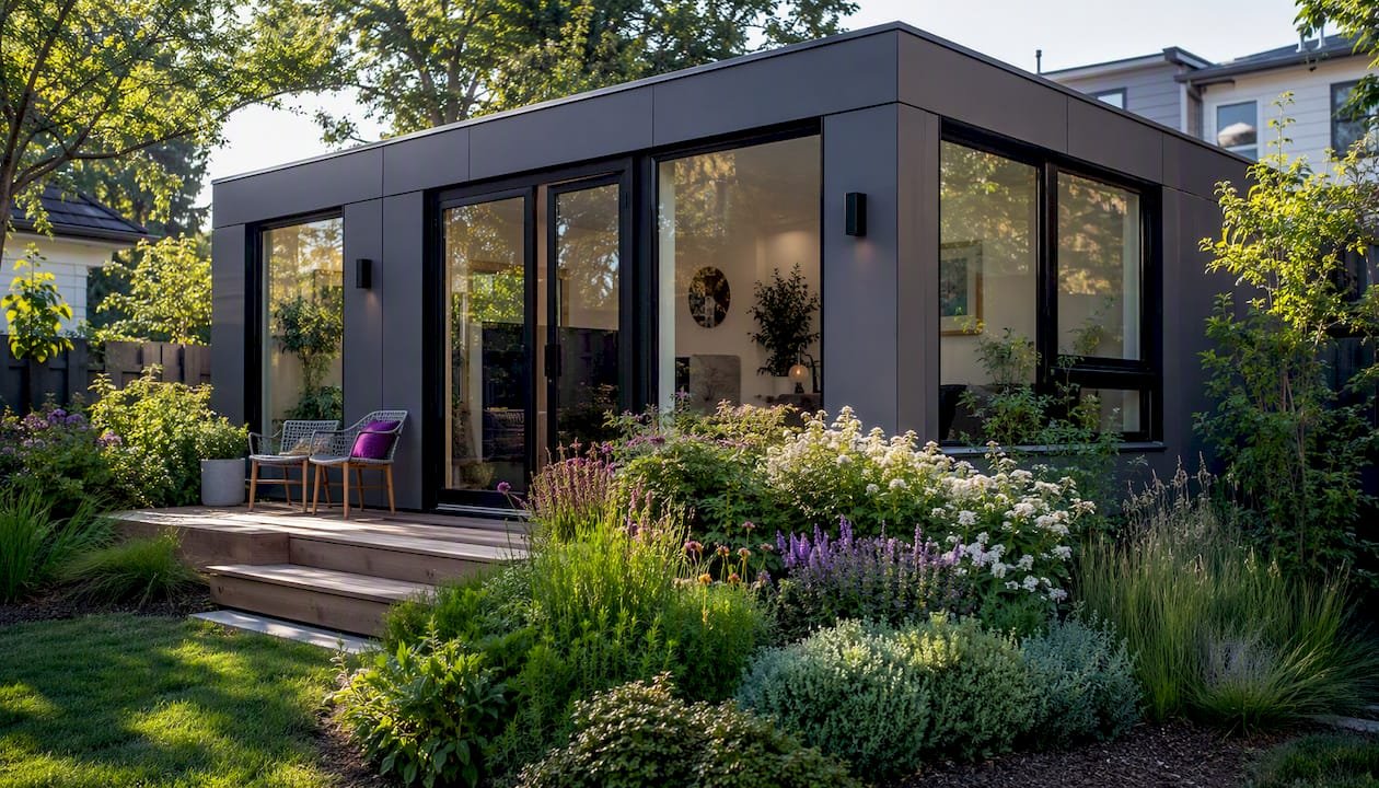Modern prefab garden studio in lush backyard