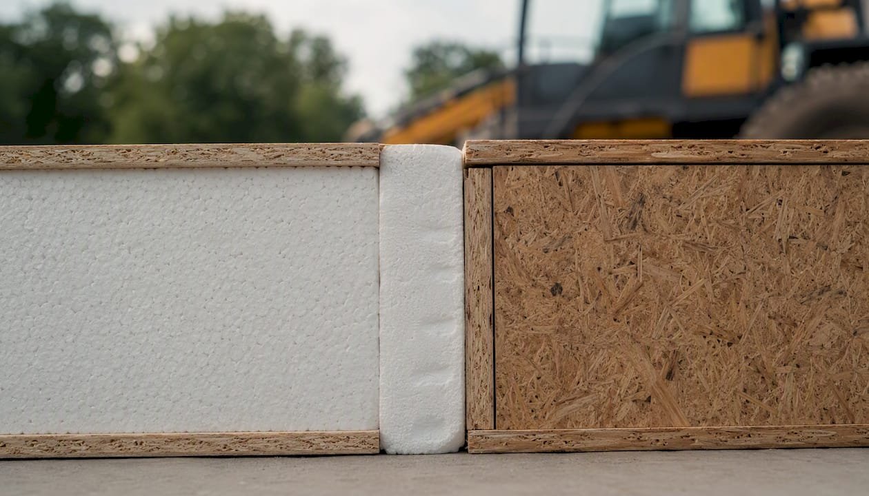 Close-up of surface and foam block SIP splines in panel joints