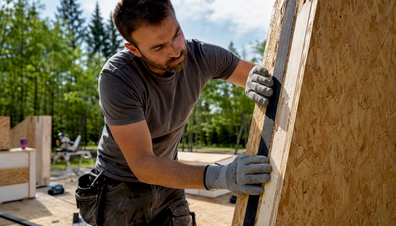 Worker installing foam block spline into SIP panel groove