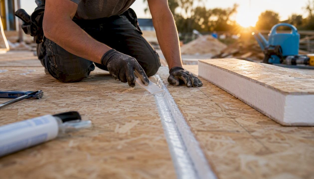 DIY builder applying sealant on SIP spline joint