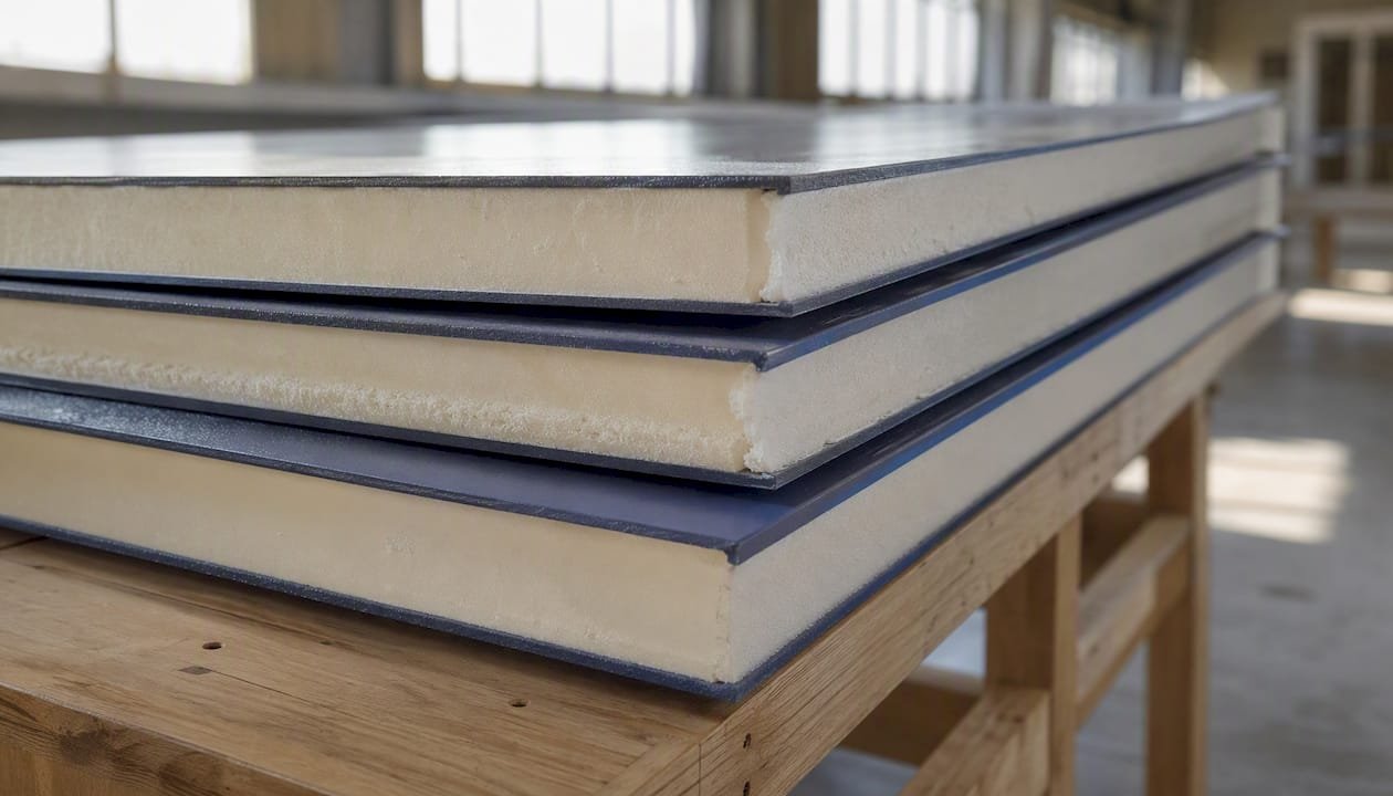 Close-up of sandwich panel layers and foam core
