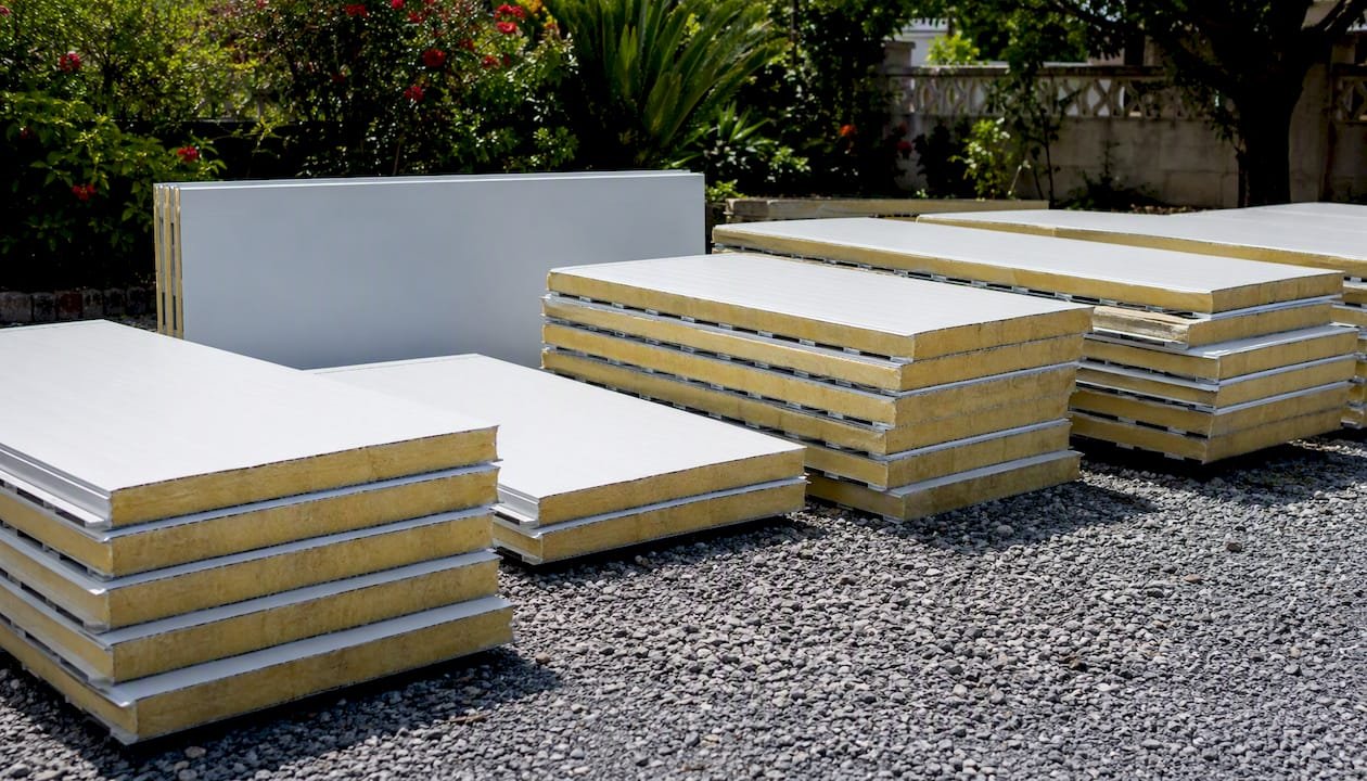 Stacked insulated sandwich panels on foundation
