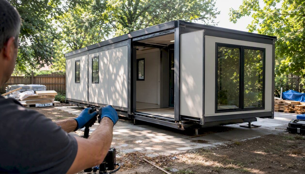 Expandable modular home unfolding on foundation