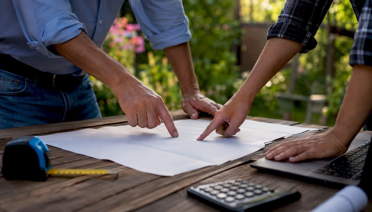 Hands pointing at contract with measuring tools
