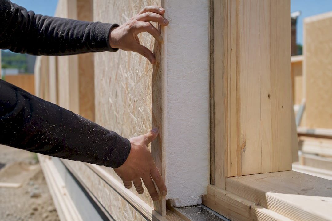 Hands assembling insulated sandwich panel