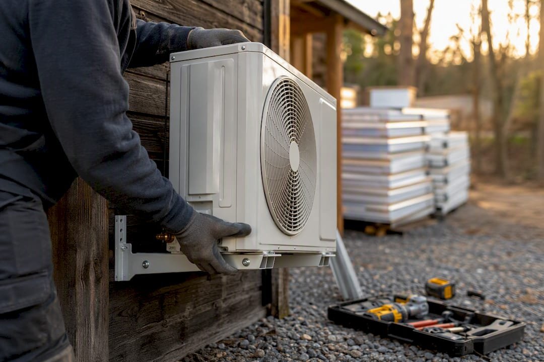 Hands installing mini-split heat pump on container office