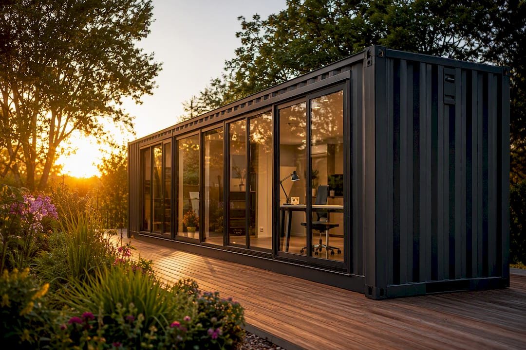 Container office with long-wall windows exterior