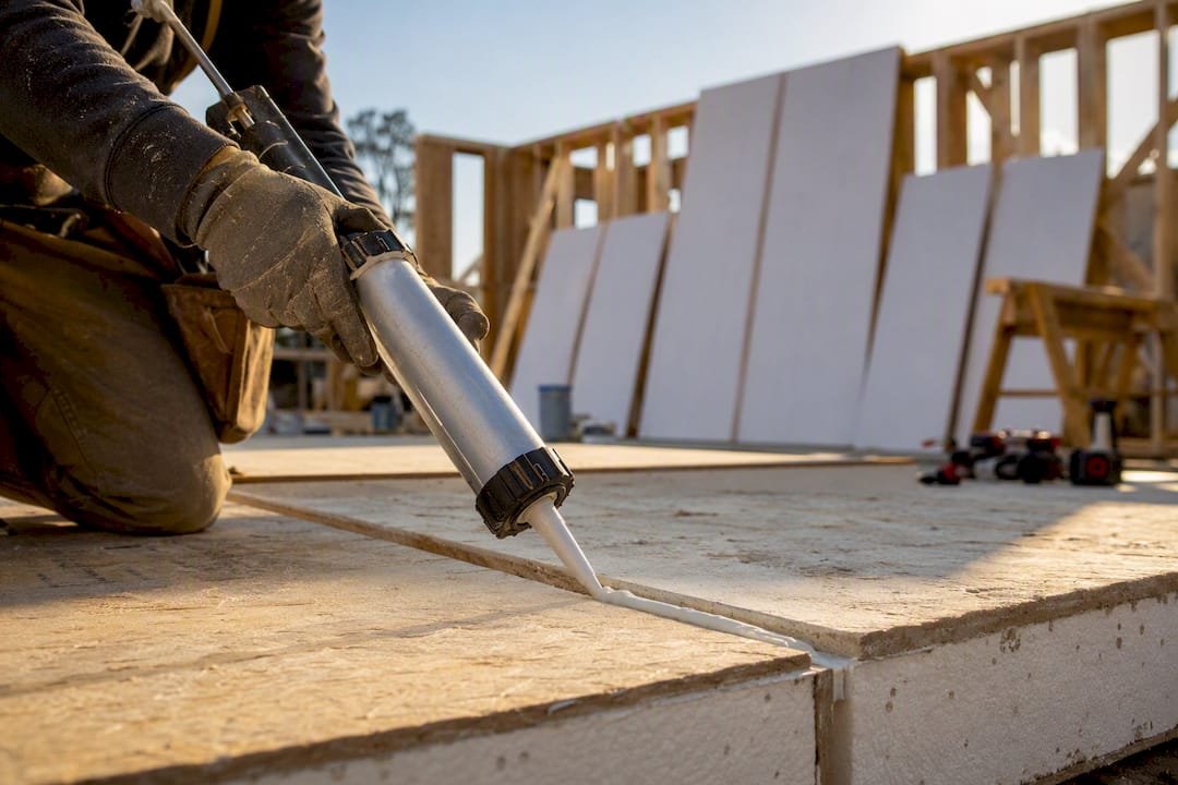 Worker sealing SIP panel joint with caulker gun