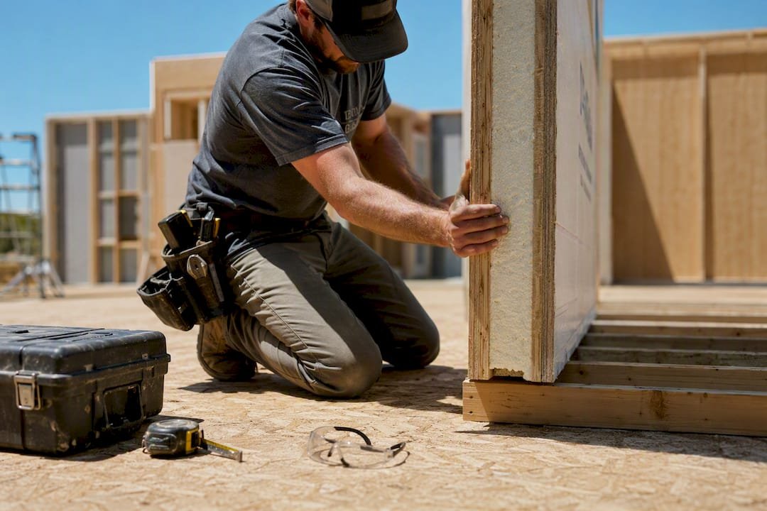 Builder aligning eco prefab SIP panel