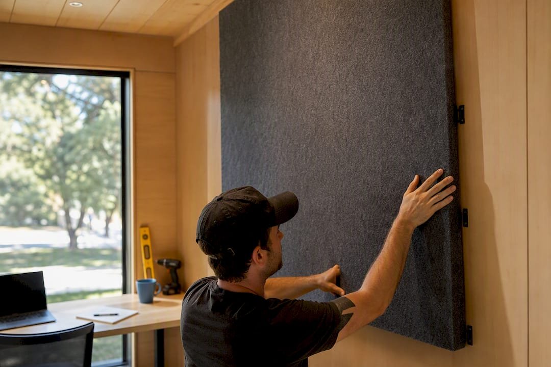 Hands fitting acoustic soundproofing panel inside pod