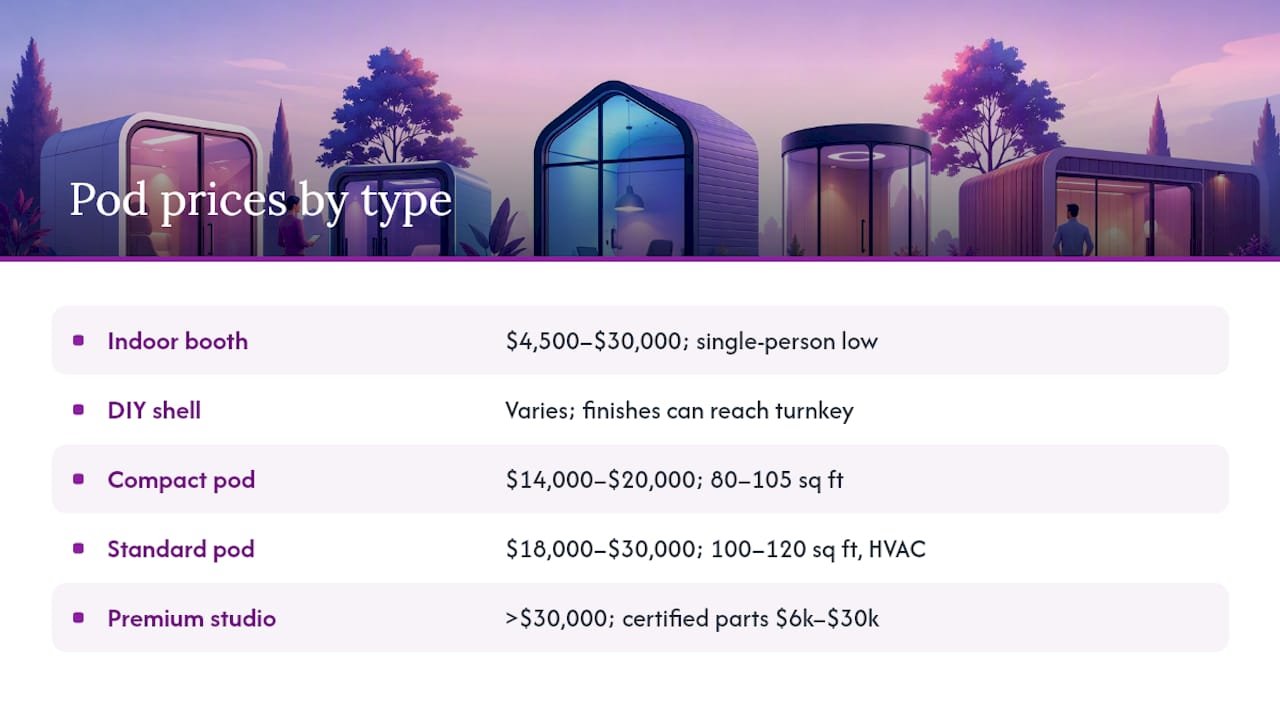 Chart of home office pod pricing tiers and features