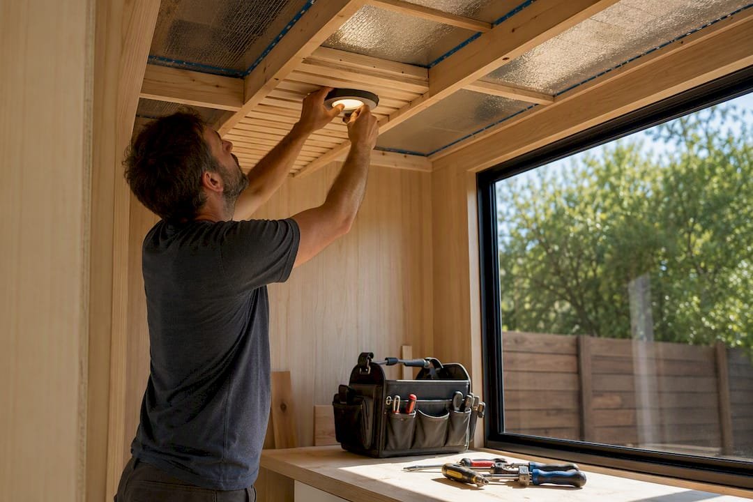 Hands installing window latch inside compact pod