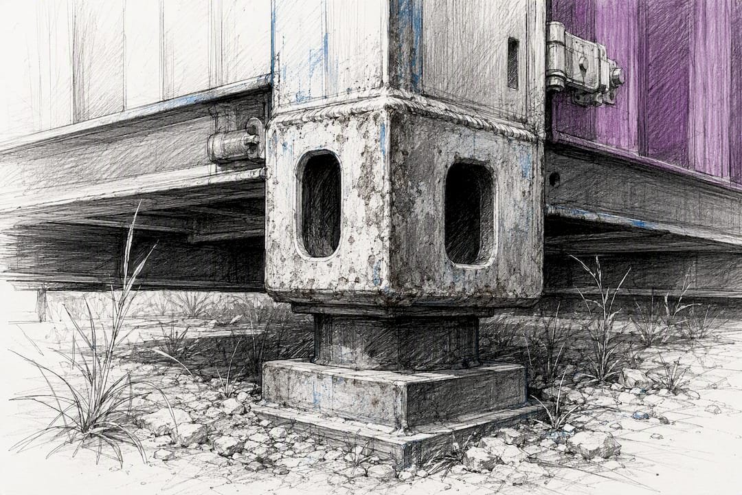 Close-up of container corner casting undercarriage