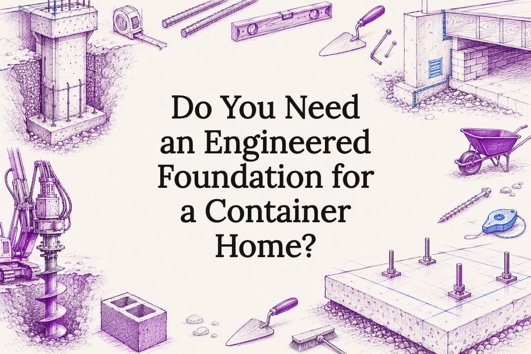 Decorative title card illustration of container home foundations