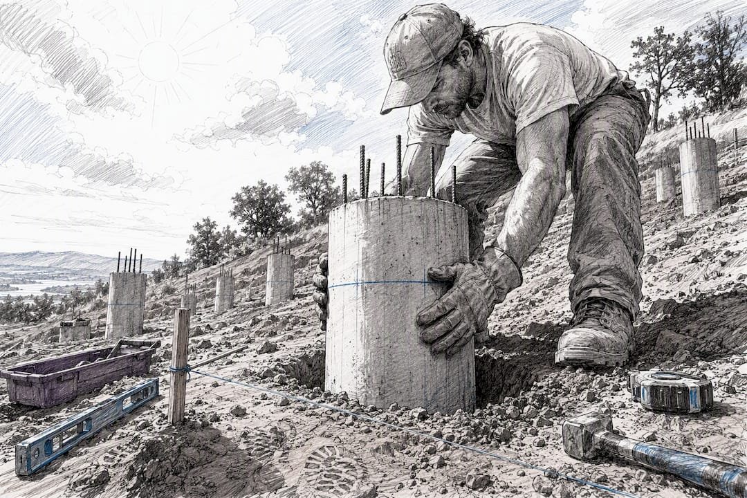 Worker setting concrete piers on site