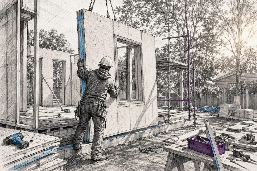 Worker installing SIP panel on modular building