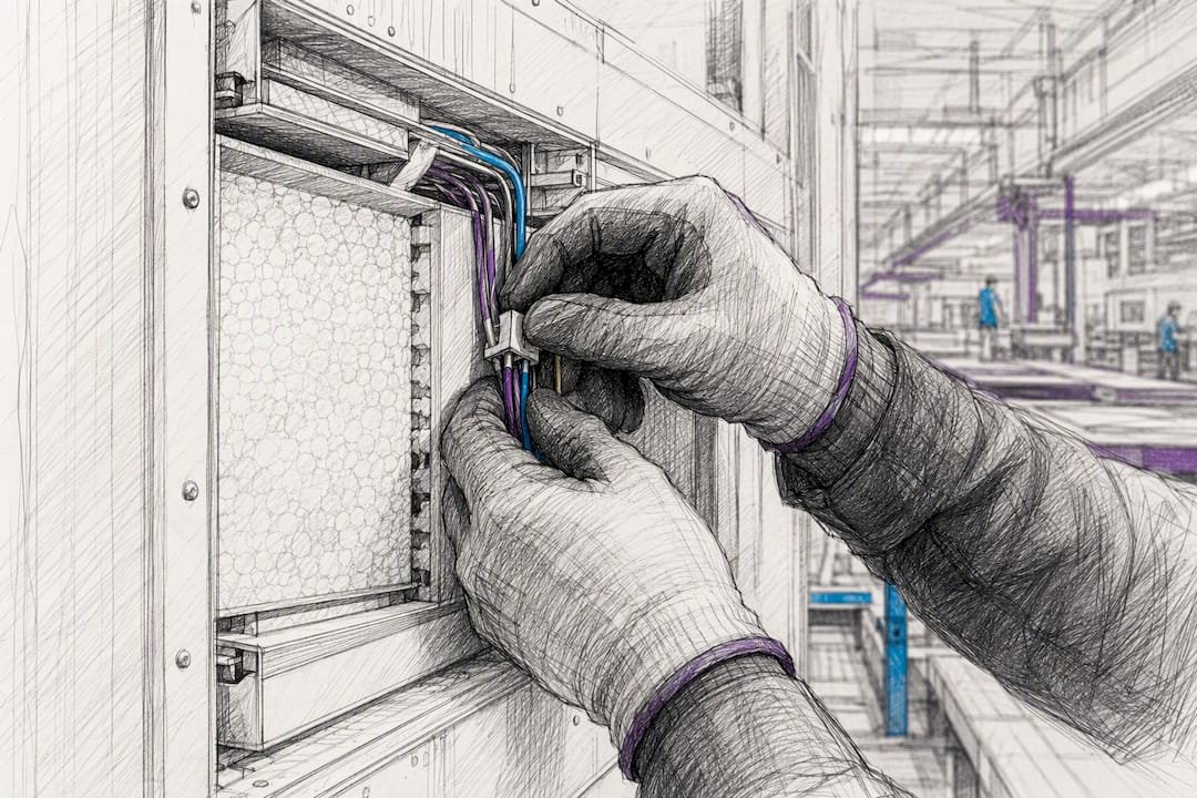 Worker wiring wall panel in modular factory