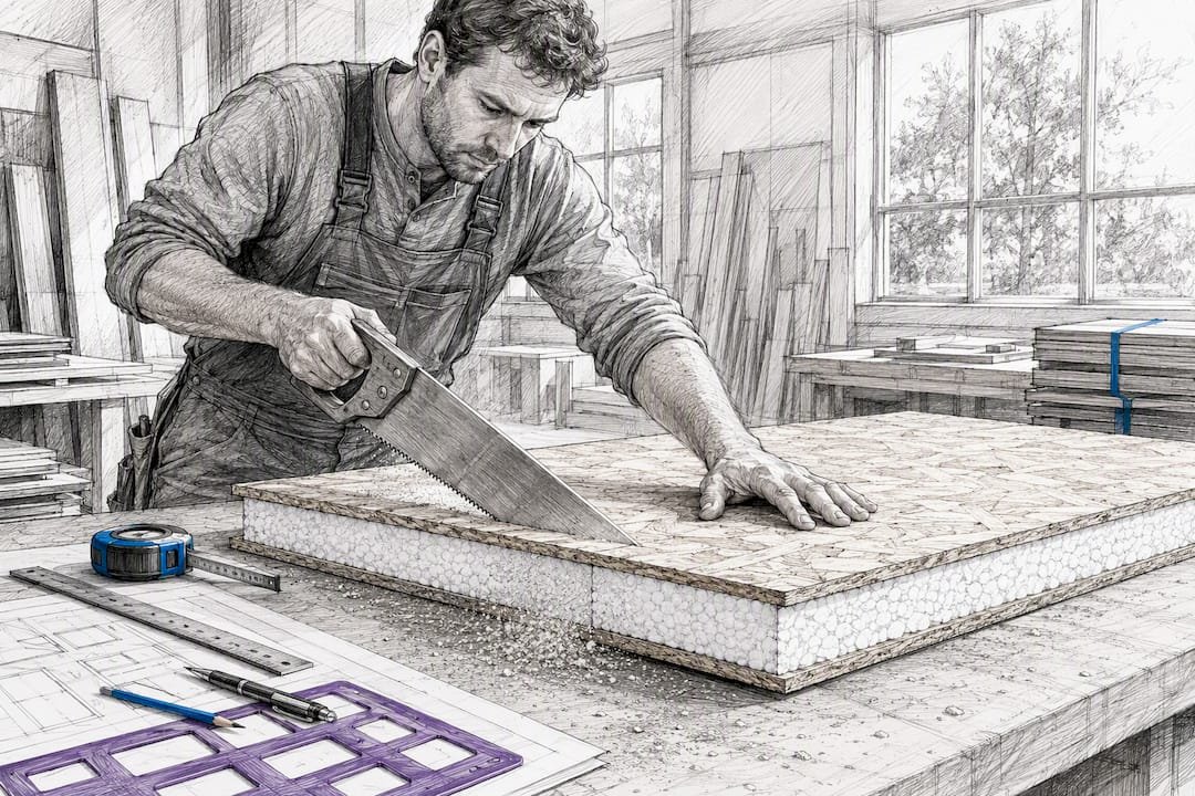 Worker cutting custom SIP panel inside workshop