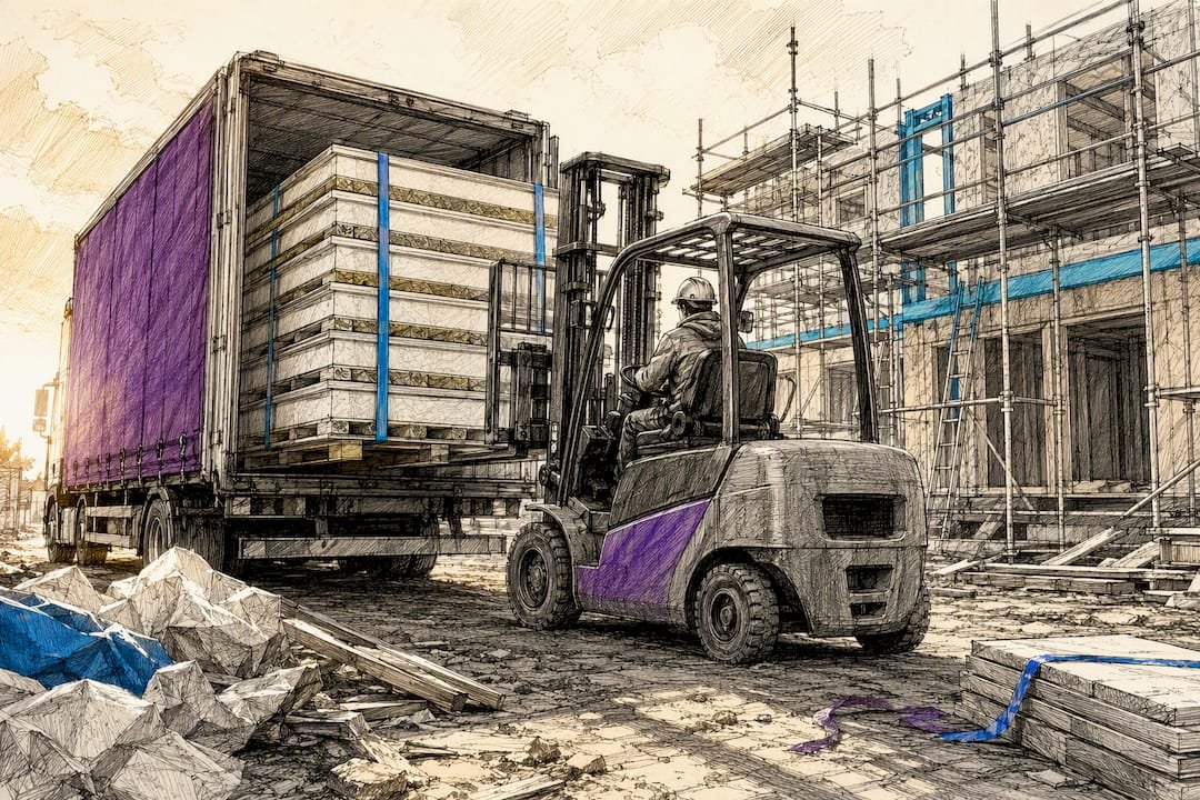 Forklift unloading SIP panels onsite at construction
